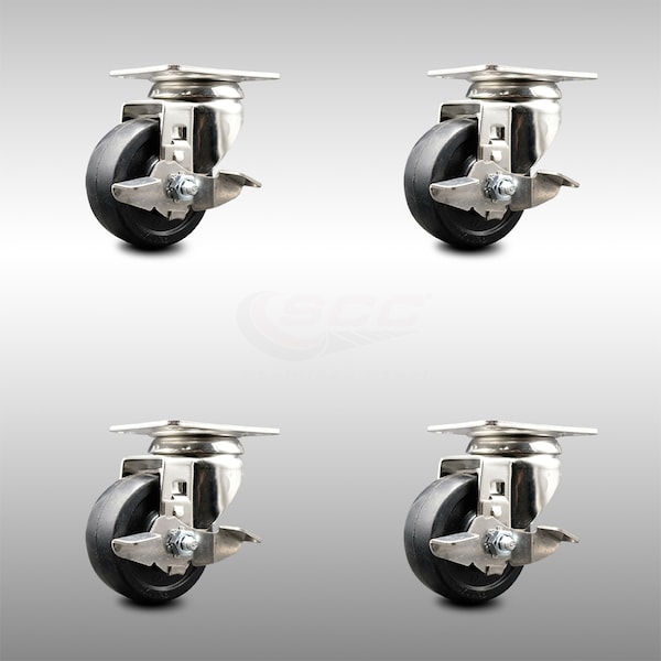 Service Caster 3 Inch 316SS Soft Rubber Wheel Swivel Top Plate Caster Set with Brake SCC SCC-SS31620S314-SRS-TLB-4 - main